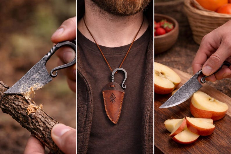 Hand-Forged Celtic Knife | Carbon Steel Blade with Leather Sheath | Medieval Damascus Steel Hunting Knife | Gift for Men