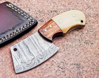 Custom Hand Forged Damascus Steel 5" Camping Mini Chopper Hunting Knife With Leather Sheath