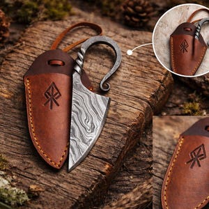 Hand-Forged Celtic Knife | Carbon Steel Blade with Leather Sheath | Medieval Damascus Steel Hunting Knife | Gift for Men