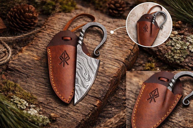 Hand-Forged Celtic Knife | Carbon Steel Blade with Leather Sheath | Medieval Damascus Steel Hunting Knife | Gift for Men