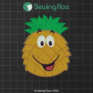 May include: Embroidered patch of a smiling pineapple with green leaves. The pineapple is yellow and has a red mouth.