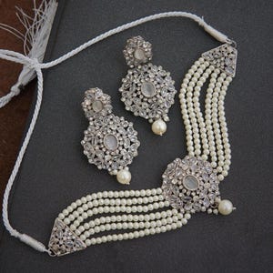 2 Colors | Polki Choker Necklace Set Indian Choker Set Silver Indian Jewelry Set