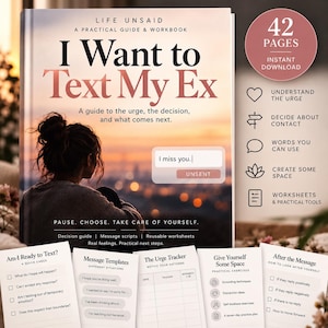 Könnte beinhalten: Ein Buch mit dem Titel I Want to Text My Ex: A Practical Guide & Workbook, das einen Sonnenuntergang über einer Stadt und eine blickende Person zeigt. Enthält 42 Seiten, Nachrichtenvorlagen, einen Drang-Tracker und praktische Arbeitsblätter.