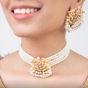 Elegant Pearl Choker Necklace & Earrings Set Minimalist Indian Wedding Jewelry | Handmade Bridal Pearl Jewelry Desi Festive Set