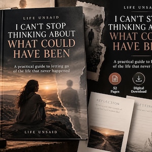 Peut inclure: Un livre intitulé "I Can't Stop Thinking About What Could Have Been" avec une couverture montrant une personne assise sur une falaise face au coucher du soleil. L'ensemble inclut deux fiches de réflexion et de lâcher-prise avec des lignes.