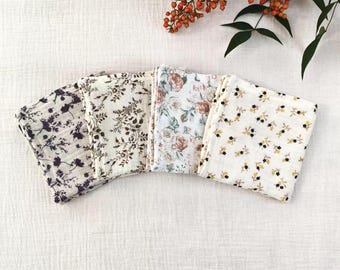 Handmade 4-Layer Muslin Cotton Handkerchiefs: Floral Gauze Hankies 25cm*25cm Eco friendly Gift for friends  unpaper napkins pocket square