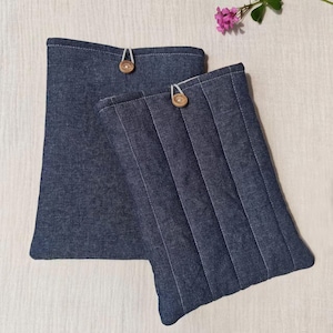 Könnte beinhalten: Zwei rechteckige Beutel aus dunkelblauem Denim. Ein Beutel ist schlicht, der andere hat vertikale Steppnähte. Jeder Beutel wird mit einer weißen elastischen Schlaufe verschlossen, die an einem kleinen, runden, hellbraunen Holzknopf befestigt ist.