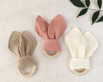 Cotton Muslin Bunny Ear Teether Ring,Gauze Rabbit Ear Rattle,Natural Wooden Teething Ring,Newborn Gifts,Baby Shower Gift