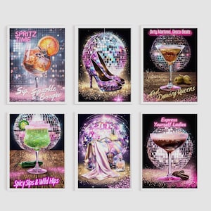 Lámina imprimible. Decoración del hogar: Arte de bola de discoteca. Lámina de cócteles. Chicas de despedida de soltera. Arte mural retro. Juego de 6 láminas para bares.