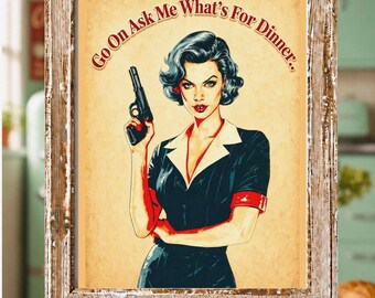 Retro-Kunstdruck „Frech und freche Hausfrau“: Lustige Vintage-Küchendekoration (Digitaler Download) A3, A4 & US Letter