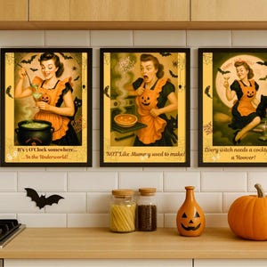 Retro Halloween Print Set: 1950s Housewives, Set of 3 (A4 Digital Download)