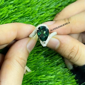 Vintage Pear Cut Teal Sapphire Ring: 925 Sterling Silver Engagement Ring