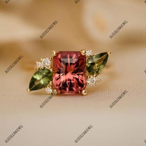 Pink and Green Tourmaline Ring: Emerald Cut Sterling Silver Promise Ring