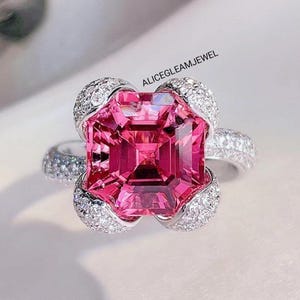 Asscher Cut Pink Turmalin Ring: Sterling Silber Versprechen Ring