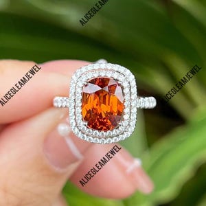 Gorgeous Cushion Cut Spessartine Garnet Ring 925 Sterling Silver Dainty Orange Garnet Ring Engagement Wedding Anniversary Ring Gift For Her.