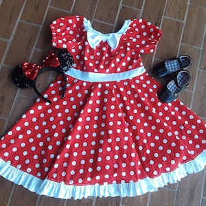 Red Birthday Party Dress, Red Polka Dot Dress with bow, Girls Twirly Dress
