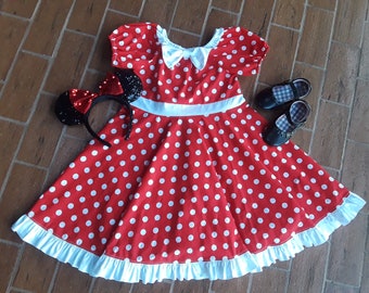 Red Birthday Party Dress, Red Polka Dot Dress with bow, Girls Twirly Dress