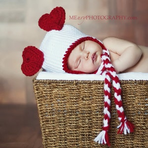 Baby Girl or Baby Boy Valentines Day Bear Heart Ears Hat with Braided Ear Flaps- Crochet Heart Hat- Crochet Valentine Hat-Photo Prop