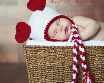 Baby Girl or Baby Boy Valentines Day Bear Heart Ears Hat with Braided Ear Flaps- Crochet Heart Hat- Crochet Valentine Hat-Photo Prop