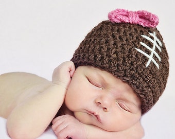 Baby Girl Football Beanie Hat with Bow, Newborn Girl Football Hat with red or pink bow