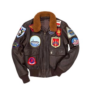 Chaqueta de aviador Top Gun Maverick para hombre, de cuero auténtico con parches.
