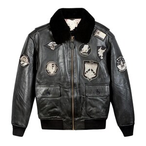 Men’s Black Leather Aviator Bomber Jacket with Military Patches Top Gun Style