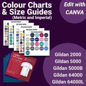 Tabla de colores y tallas Gildan editable en Canva (sistema imperial y métrico): Gildan 2000, Gildan 5000, Gildan 5000B, Gildan 64000, Gildan 64000L