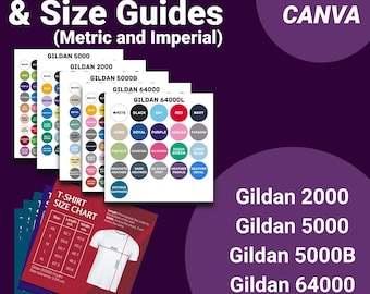 Canva Editable Gildan colour/color and sizing chart (imperial & metric), Gildan 2000, Gildan 5000, Gildan 5000B, Gildan 64000, Gildan 64000L
