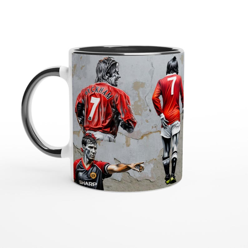 Banksy Mug, Banksy Man United Mug, MUFC Famous 7s, Football Mug, Banksy Cup, White 11oz Ceramic Mug Ceramic Black