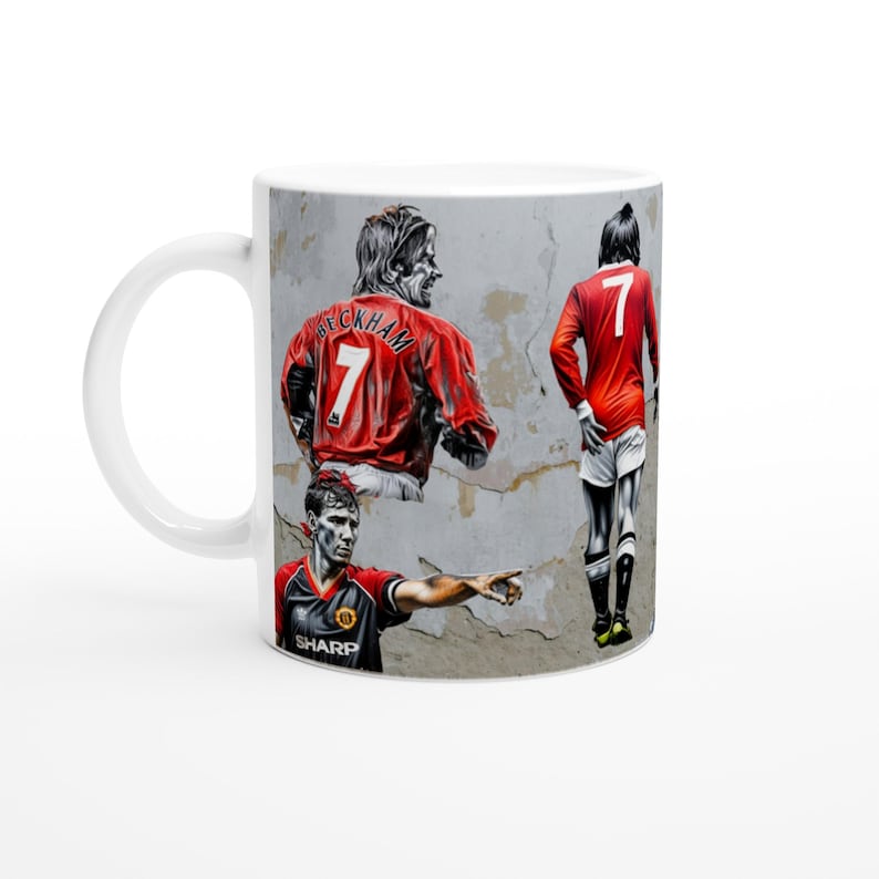 Banksy Mug, Banksy Man United Mug, MUFC Famous 7s, Football Mug, Banksy Cup, White 11oz Ceramic Mug Ceramic White