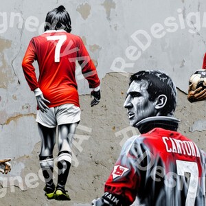 May include: A collage of five Manchester United football players wearing red and white jerseys with the number 7 on the back. The players are depicted in a graffiti style on a gray wall.