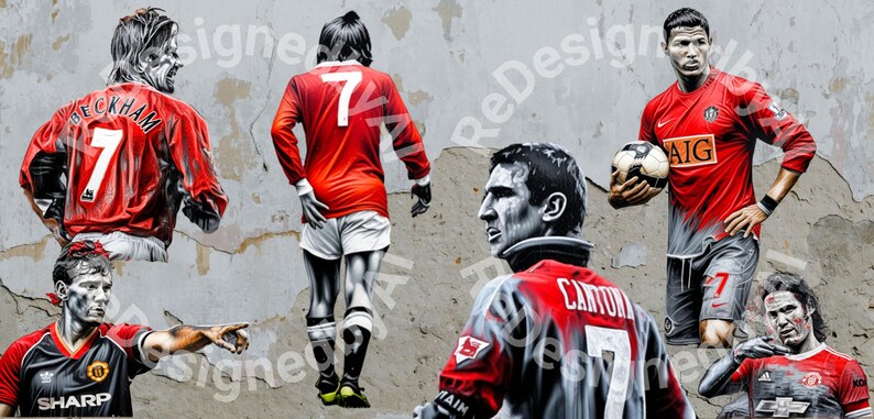 May include: A collage of five Manchester United football players wearing red and white jerseys with the number 7 on the back. The players are depicted in a graffiti style on a gray wall.