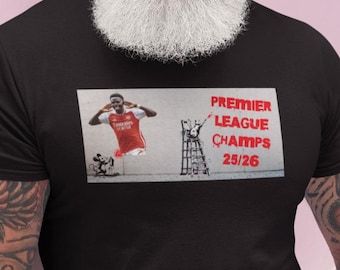 Arsenal 25/26 Premier League Champions T-Shirt, Banksy Style Art, Rice Saka Raya Football Tee, Unisex Fan Gift, Red White Black Shirt