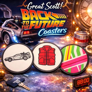 May include: Three round coasters with designs from "Back to the Future." One shows the DeLorean car, another a red vest, and the third a colourful graphic. The coasters have white centres and black edges.