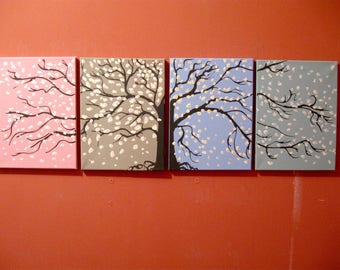 oil acrylic landscape tree of life painting canvas triptych wall art "Seasons" abstraction contemporary art tree of life blossom 3 big sizes