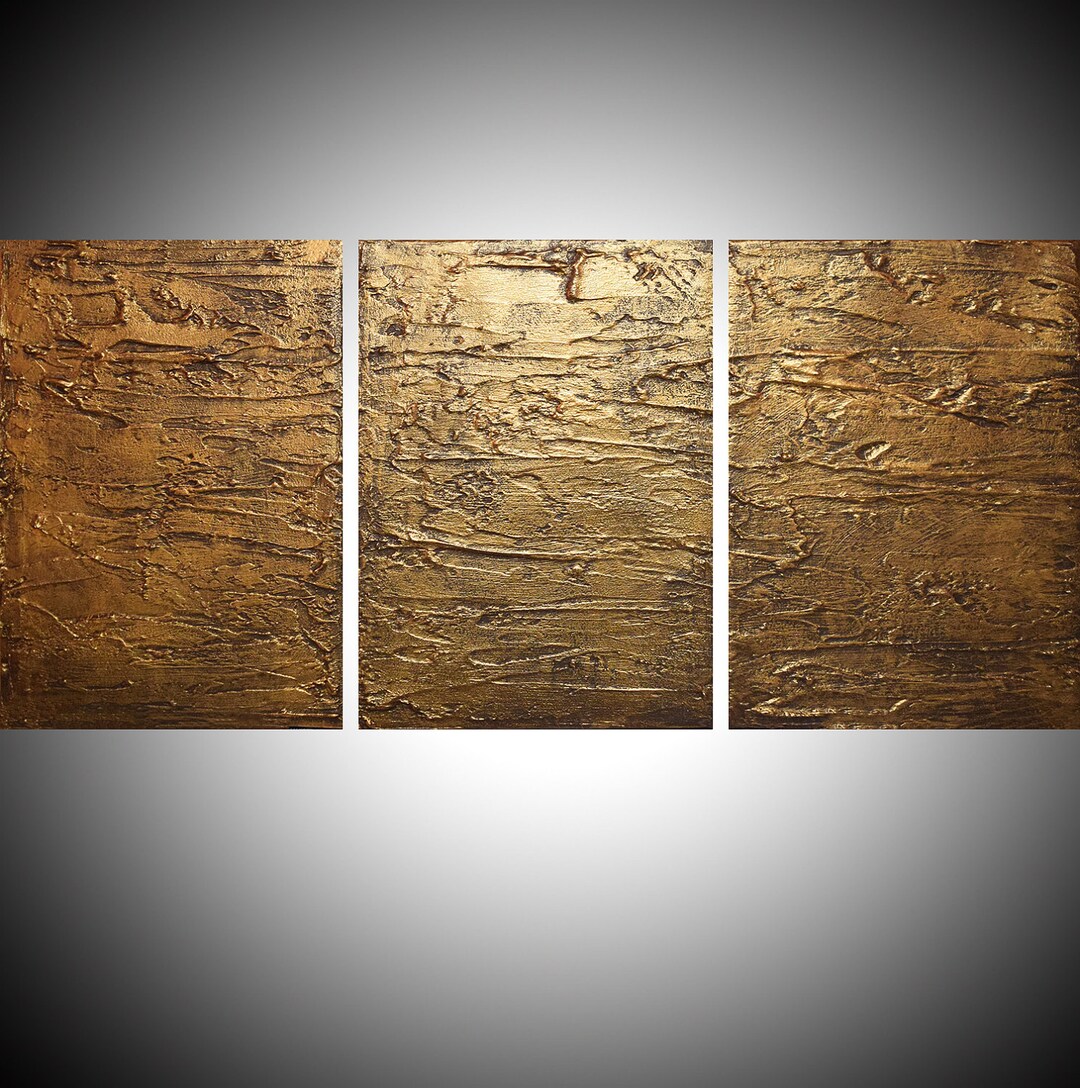 Triptych Panel EXTRA LARGE Wall Art Triptych 3 Panel Abstract Contemporary Art Gold ...