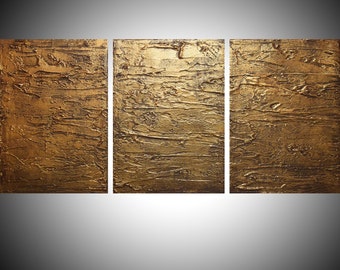 EXTRA LARGE wall art triptych 3 panel abstract contemporary art gold "Golden Triptych" big canvas art original paintings