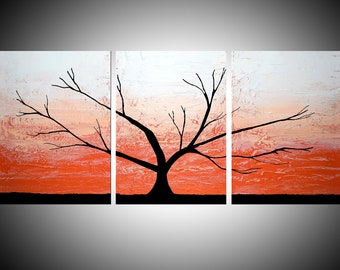 multi split panel canvas EXTRA WALL art triptych 3 forest tree painting " Tangerine Tree " orange large landscape sculpture abstract