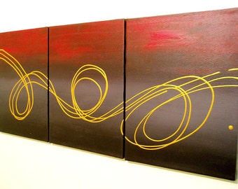 metal paint Wall triptych extra large art "Gold Horizon" 3 panel canvas painting Abstract black gray textured hanging set oversized