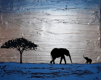 home gifts elephant animal handmade paintings wild commission african art landscape canvas wall nursery silver metal blue contemporary