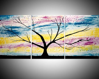 EXTRA LARGE WALL art triptych 3 panel " Rainbow Tree of life " textured oversized in violet on canvas original painting abstract