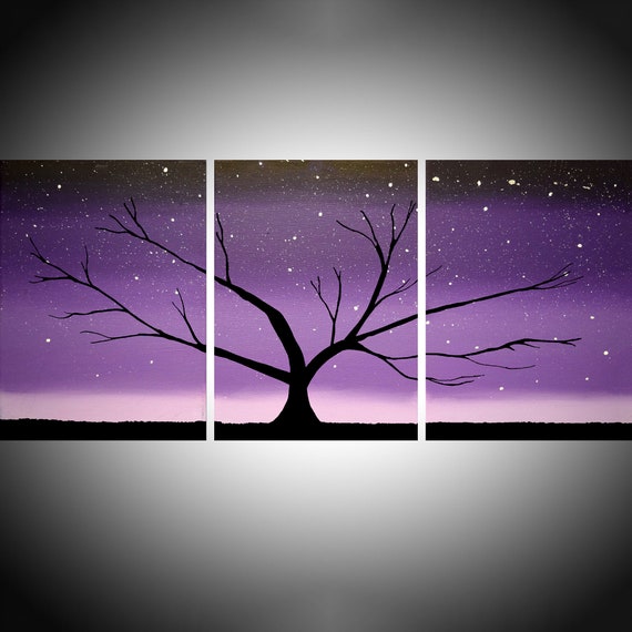 LARGE WALL ART Triptych 3 Panel Wall Minimalist Forest Tree of Life Stars  Purple Canvas Original Multi Hanging Set Painting Abstract -  Canada