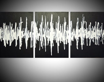 extra large wall art triptych abstract 3 multi panel modern sound wave black white on canvas original artwork painting music