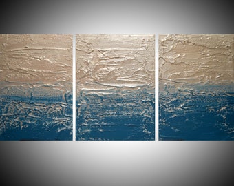 ART triptych set of 3 piece panel wall modern extra turquoise metal silver on canvas original painting abstract textured minimalist