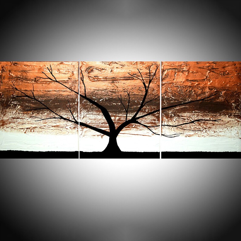 LARGE WALL ART Triptych 3 Panel Wall Contemporary Art copper Tree Home