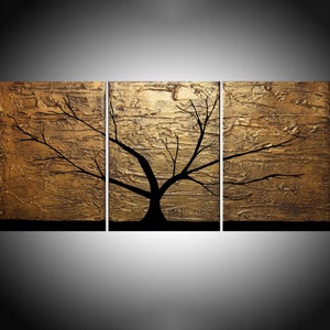 GRANDE ARTE DA PARETE trittico 3 Golden Forest originale dipinto contemporaneo tela astratta tre tele paesaggio albero moderno 48 x 20 immagine 1