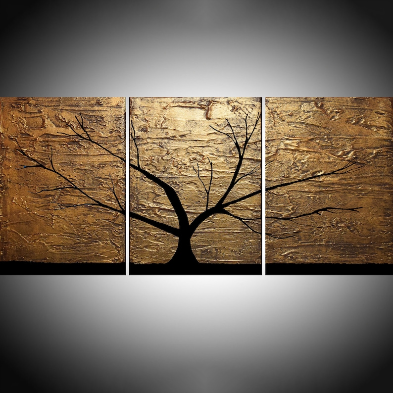 LARGE WALL ART triptych 3 Golden Forest original contemporary painting abstract canvas three canvases modern tree landscape 48 x 20 image 1