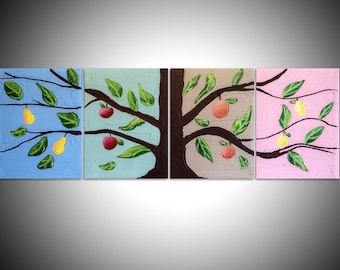 landscape painting canvas triptych wall art three panel "Fruit Tree" gallery abstraction contemporary art tree of life 64 x 20 "