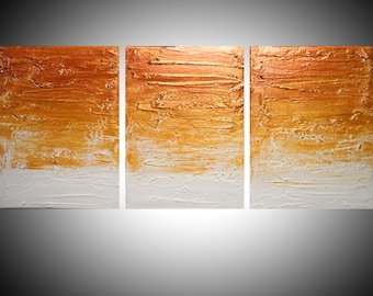 EXTRA LARGE WALL art triptych 3 panel wall " Copper on Gold " on canvas original painting abstract original minimalist textured oversized