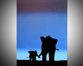 home gifts elephant animal original painting mother baby african landscape on canvas wall nursery handmade commission wild animal art